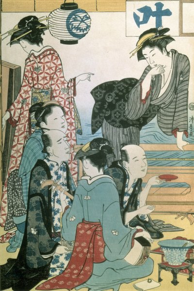 Vrouwen van de Gay Quarters, linker paneel van een tweeluik (kleur houtsnede) door Torii Kiyonaga